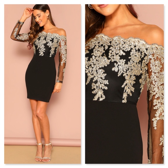 black long sleeve dress with gold embroidery